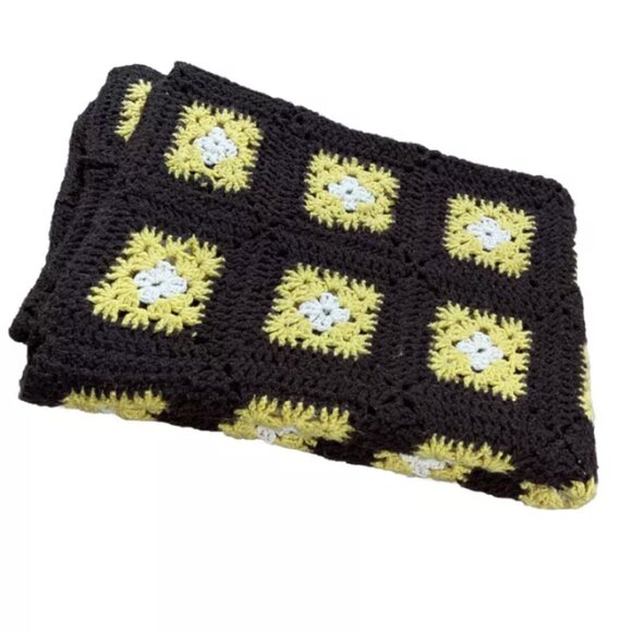 Vintage Handmade Granny Square Quilt Throw Blanket Brown Yellow Crochet Knit 70s - Picture 1 of 8